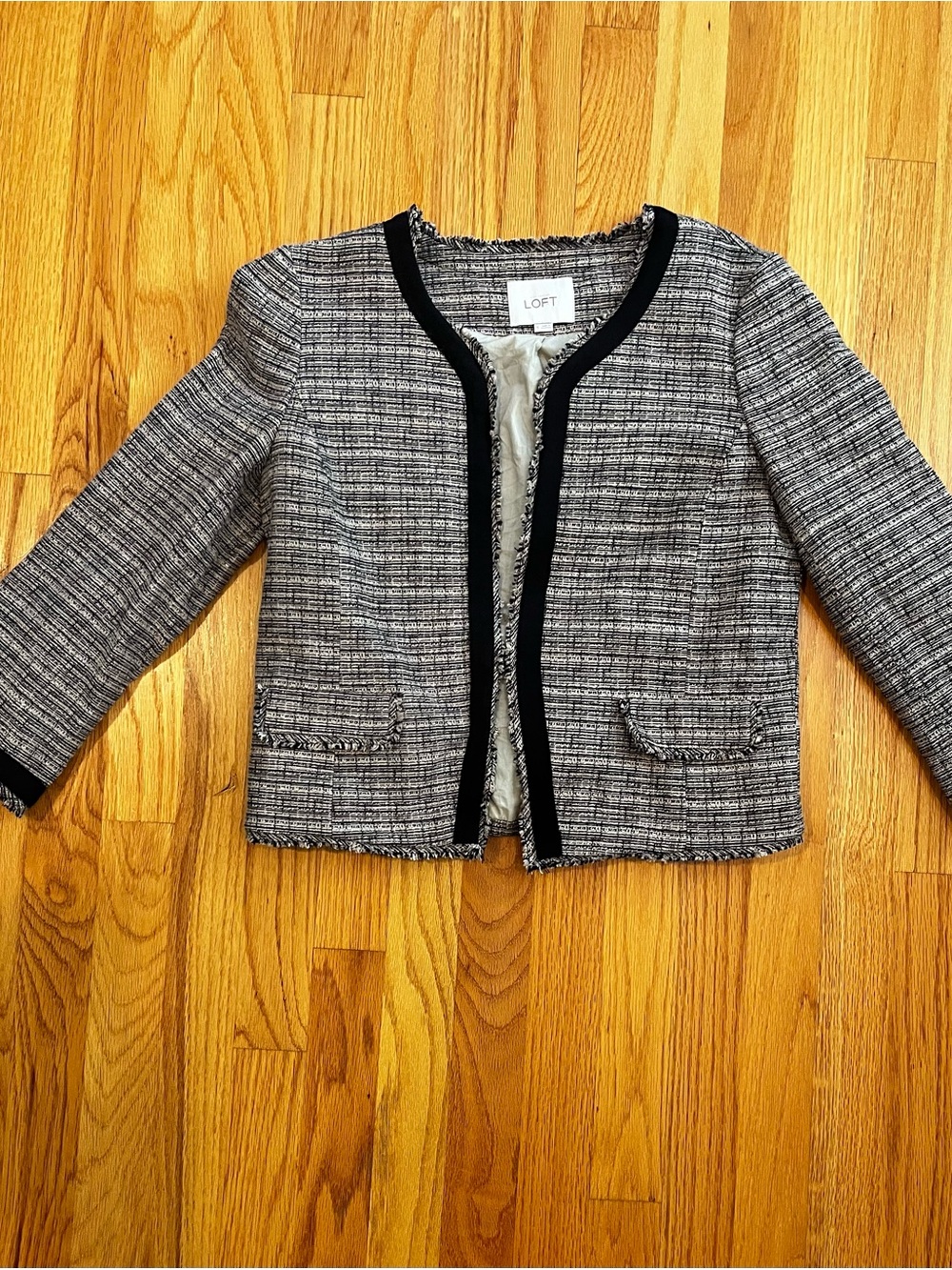 LOFT Black & Tan Tweed Cropped Open-Front Jacket